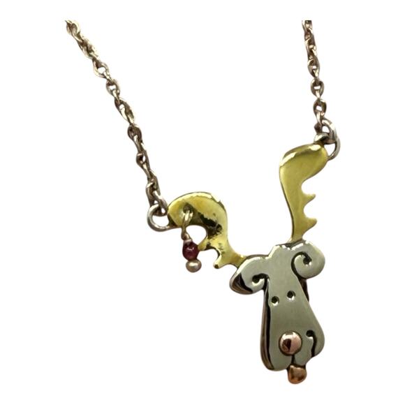 Far Fetched Doggie Reindeer Necklace Mixed Metals Holiday Christmas 18in Chain - Picture 1 of 7
